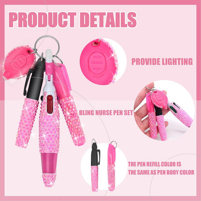 4 Pcs Bling Nurse Set - Nurse Badge Accessories Include Permanent Marker, Highlighter, Retractable Ball Pen (4, Pink)