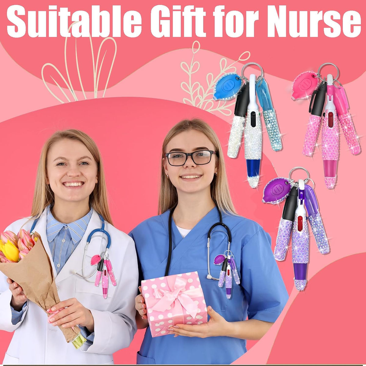4 Pcs Bling Nurse Set - Nurse Badge Accessories Include Permanent Marker, Highlighter, Retractable Ball Pen (4, Pink)