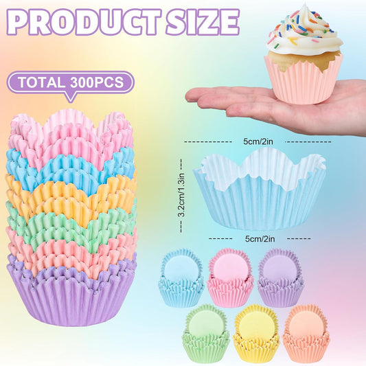 300Pcs Spring Summer Flower Cupcake Liners Pastel Colorful Floral Baking Cups Pink Purple Blue Yellow Muffin Cupcake Wrappers for Easter Bridal Baby Shower Wedding Birthday Party Supplies