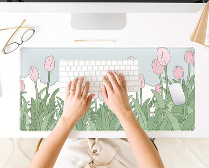 WatercolorTulip Flower Mouse Pads,Extended Gaming Mousepad XXL Kawaii Anime Desk Mat Pink Green Large Full Desk Mouse Pad for Wireless Mouse Keyboard Mat with Stitched Edges 31.5" x15.75