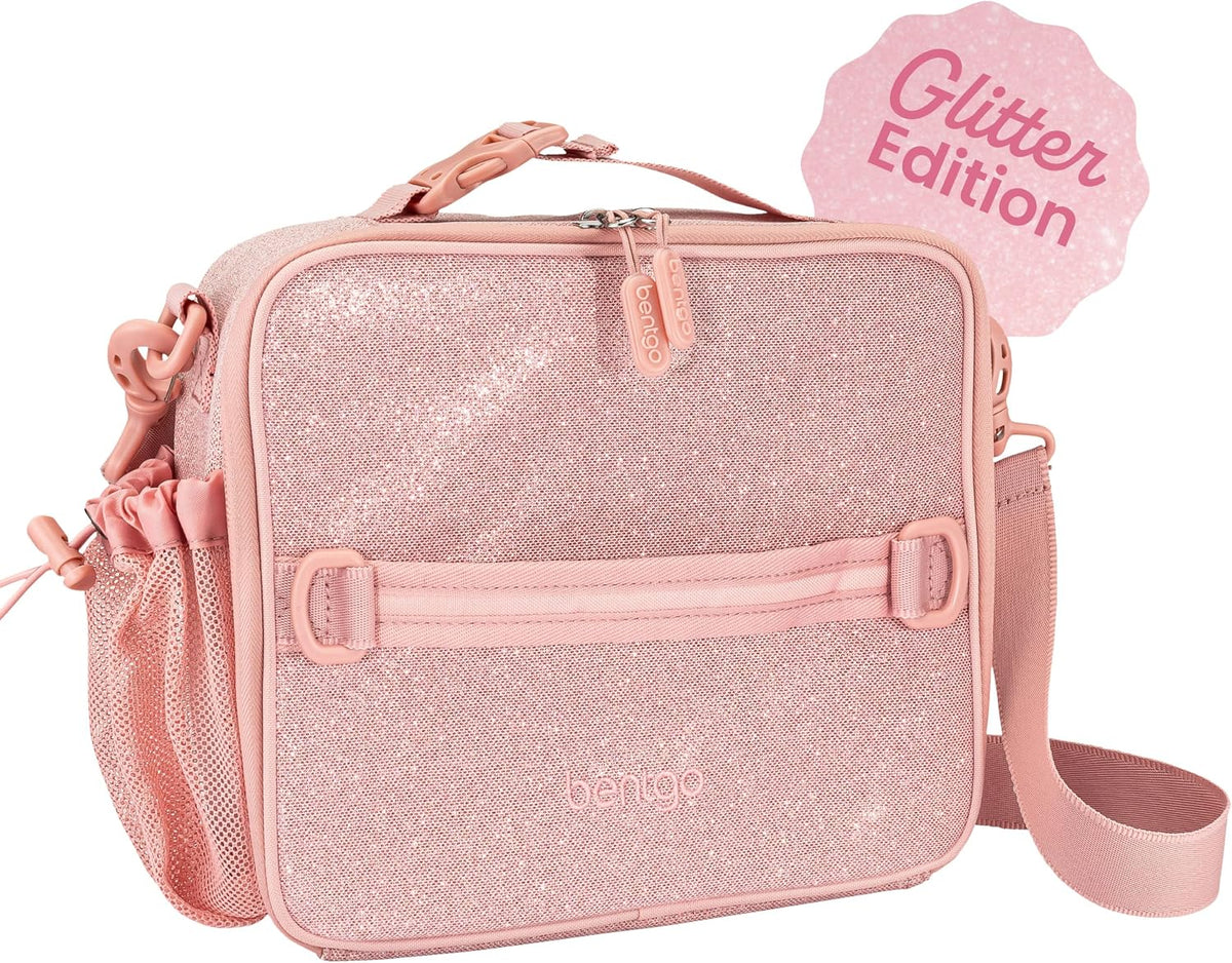 Kids Lunch Bag - Double-Insulated, Reusable Lunch Bag for Kids 3+ with Adjustable Strap; Holds Lunch Box/Water Bottle/Snacks; Easy-Clean, Water-Resistant & Pockets (Glitter - Petal Pink)