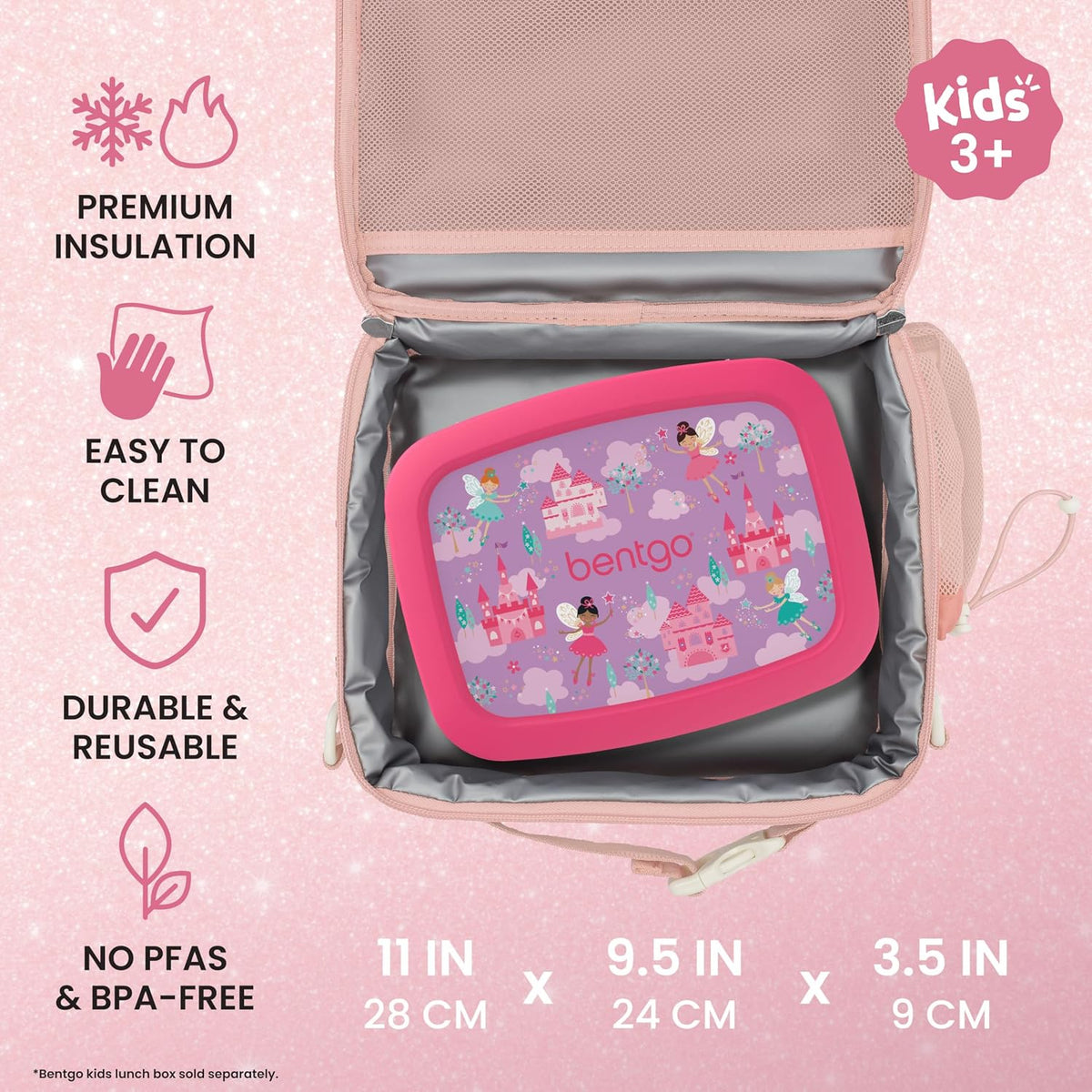 Kids Lunch Bag - Double-Insulated, Reusable Lunch Bag for Kids 3+ with Adjustable Strap; Holds Lunch Box/Water Bottle/Snacks; Easy-Clean, Water-Resistant & Pockets (Glitter - Petal Pink)
