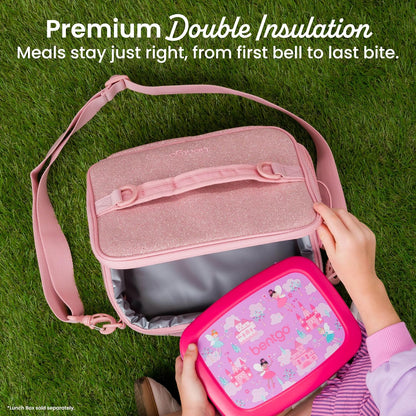 Kids Lunch Bag - Double-Insulated, Reusable Lunch Bag for Kids 3+ with Adjustable Strap; Holds Lunch Box/Water Bottle/Snacks; Easy-Clean, Water-Resistant & Pockets (Glitter - Petal Pink)