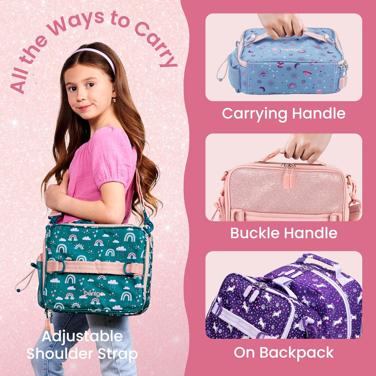 Kids Lunch Bag - Double-Insulated, Reusable Lunch Bag for Kids 3+ with Adjustable Strap; Holds Lunch Box/Water Bottle/Snacks; Easy-Clean, Water-Resistant & Pockets (Glitter - Petal Pink)