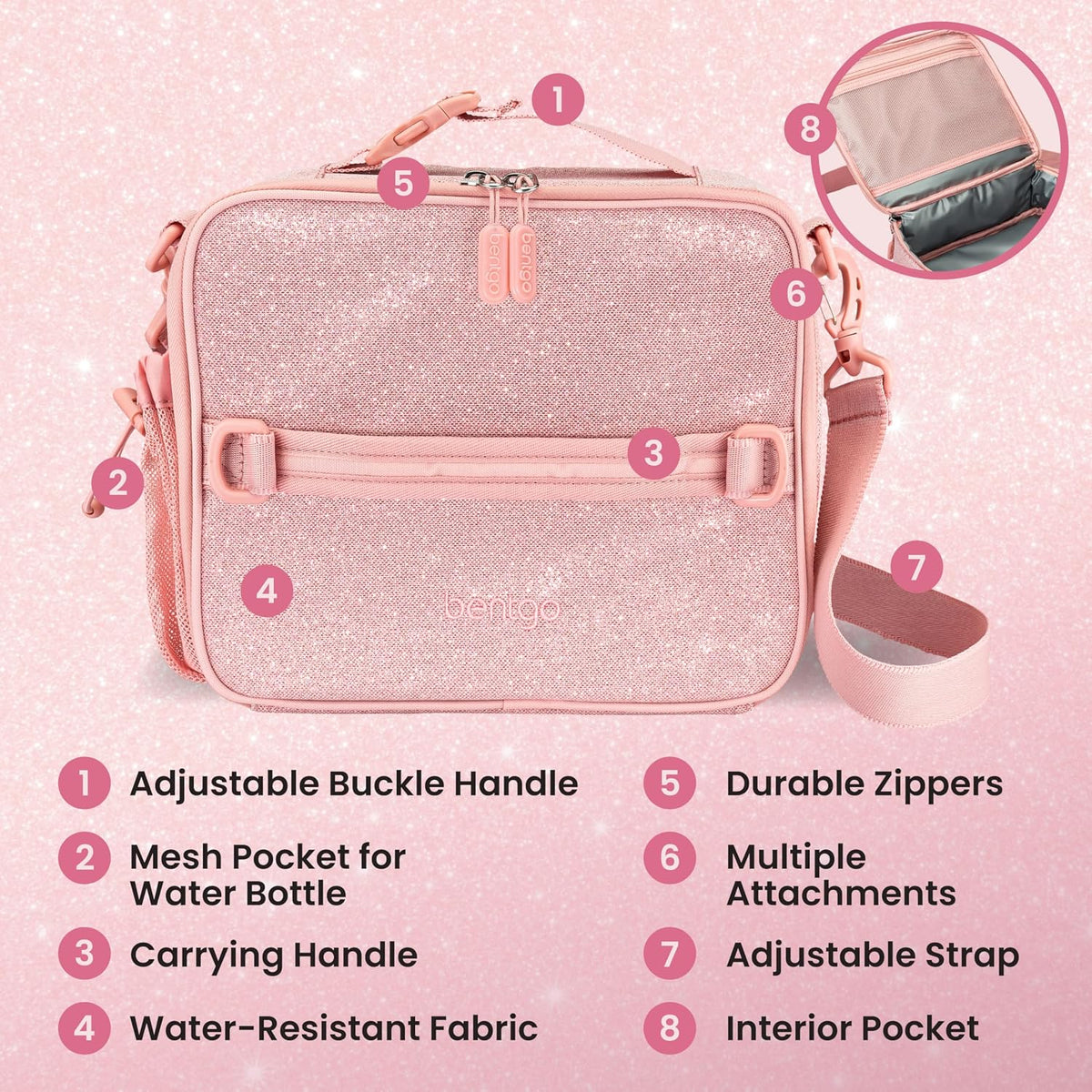 Kids Lunch Bag - Double-Insulated, Reusable Lunch Bag for Kids 3+ with Adjustable Strap; Holds Lunch Box/Water Bottle/Snacks; Easy-Clean, Water-Resistant & Pockets (Glitter - Petal Pink)