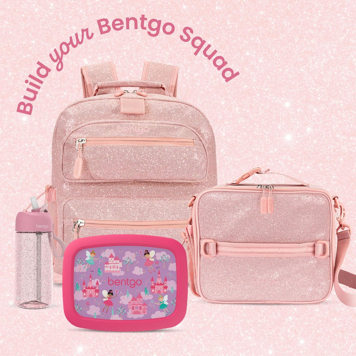 Kids Lunch Bag - Double-Insulated, Reusable Lunch Bag for Kids 3+ with Adjustable Strap; Holds Lunch Box/Water Bottle/Snacks; Easy-Clean, Water-Resistant & Pockets (Glitter - Petal Pink)