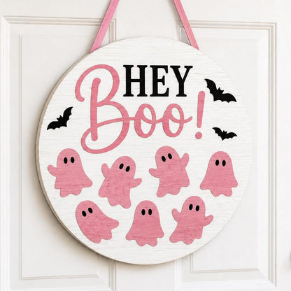 Pink Halloween Door Sign, Wooden Hey Boo Ghost Wreath Hanging Decor