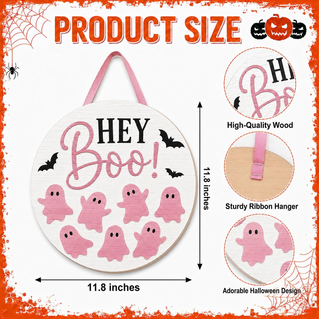 Pink Halloween Door Sign, Wooden Hey Boo Ghost Wreath Hanging Decor