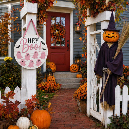 Pink Halloween Door Sign, Wooden Hey Boo Ghost Wreath Hanging Decor