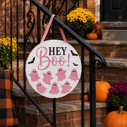 Pink Halloween Door Sign, Wooden Hey Boo Ghost Wreath Hanging Decor