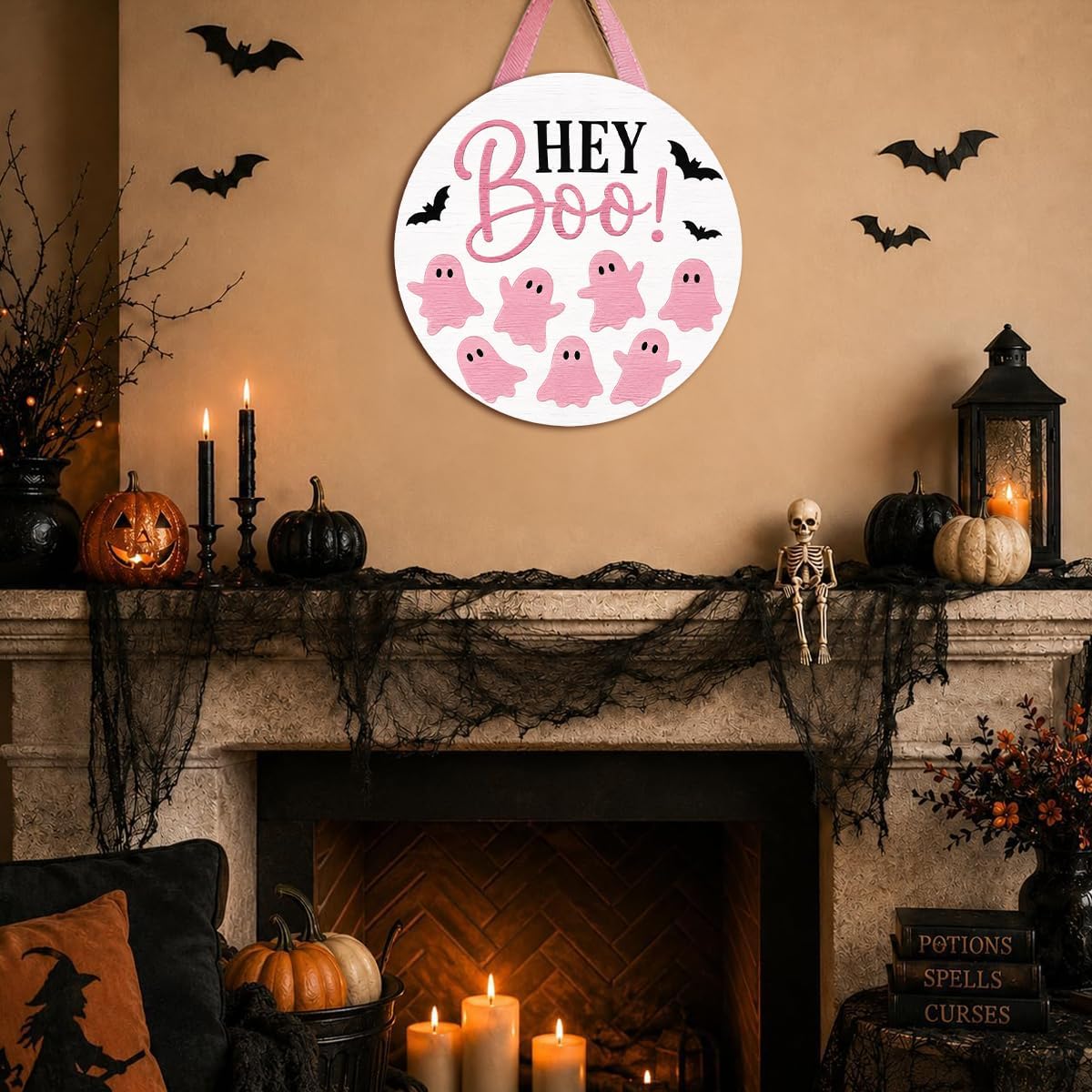 Pink Halloween Door Sign, Wooden Hey Boo Ghost Wreath Hanging Decor