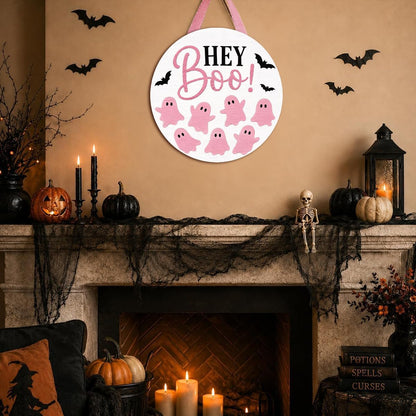 Pink Halloween Door Sign, Wooden Hey Boo Ghost Wreath Hanging Decor