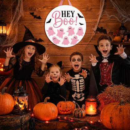 Pink Halloween Door Sign, Wooden Hey Boo Ghost Wreath Hanging Decor