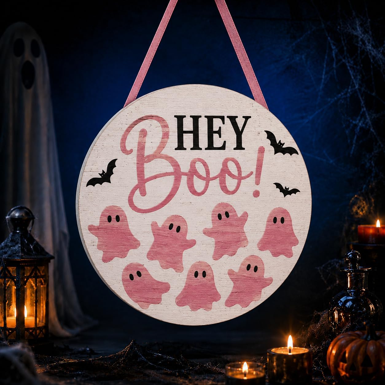 Pink Halloween Door Sign, Wooden Hey Boo Ghost Wreath Hanging Decor