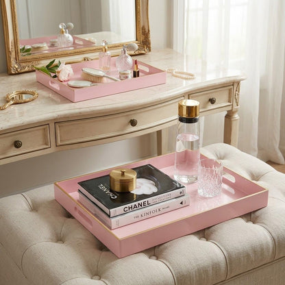 Set of 2 Pink Plastic Serving Trays for Ottoman Coffee Table