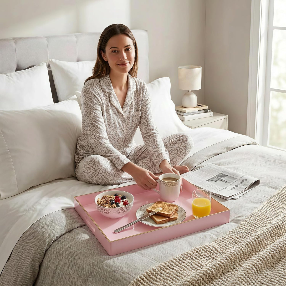 Set of 2 Pink Plastic Serving Trays for Ottoman Coffee Table