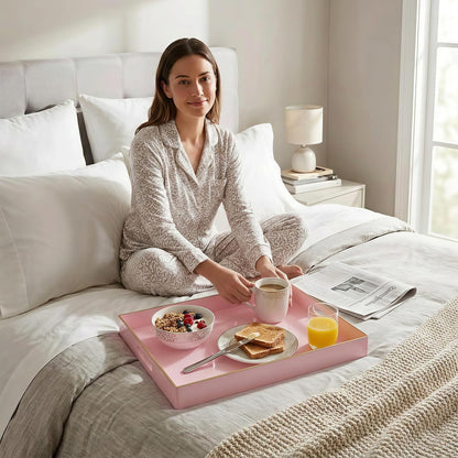 Set of 2 Pink Plastic Serving Trays for Ottoman Coffee Table