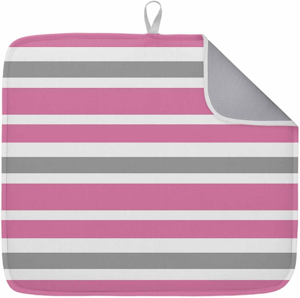 Dish Drying Mat Pink Grey and White Stripes Kitchen Counter Drying Pad for Dishes Glasses Cups and Cookware Farmhouse Stripe Absorbent Dish Drying Mat Machine Washable Kitchen Accessories 16" x 18"