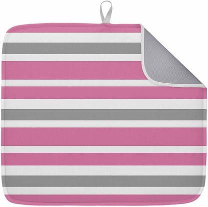 Dish Drying Mat Pink Grey and White Stripes Kitchen Counter Drying Pad for Dishes Glasses Cups and Cookware Farmhouse Stripe Absorbent Dish Drying Mat Machine Washable Kitchen Accessories 16" x 18"