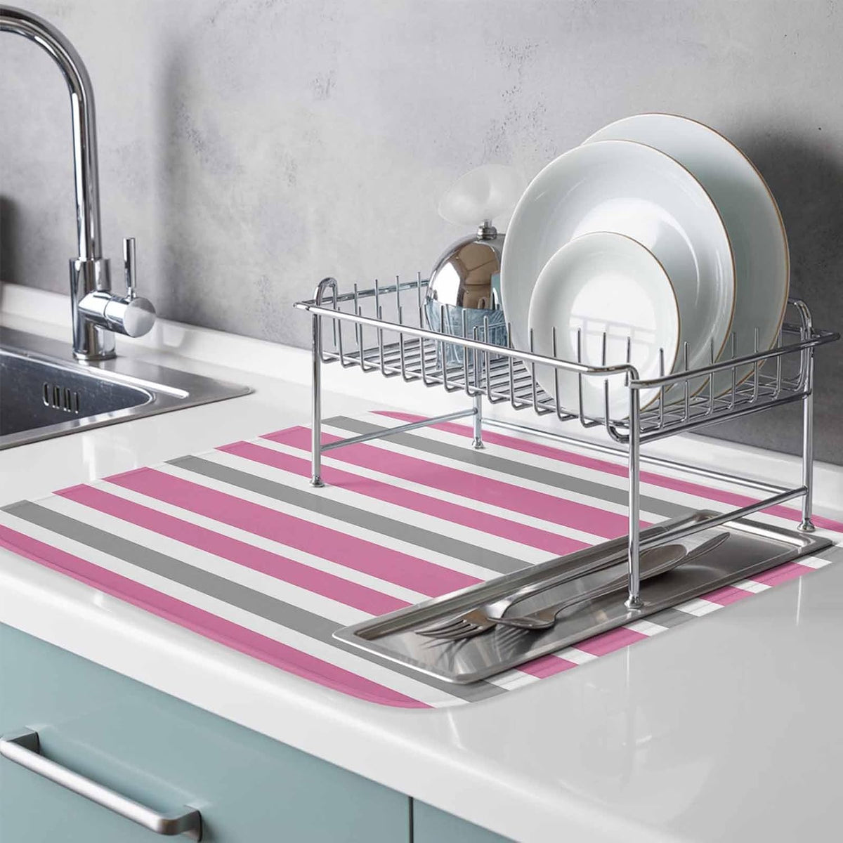 Dish Drying Mat Pink Grey and White Stripes Kitchen Counter Drying Pad for Dishes Glasses Cups and Cookware Farmhouse Stripe Absorbent Dish Drying Mat Machine Washable Kitchen Accessories 16" x 18"
