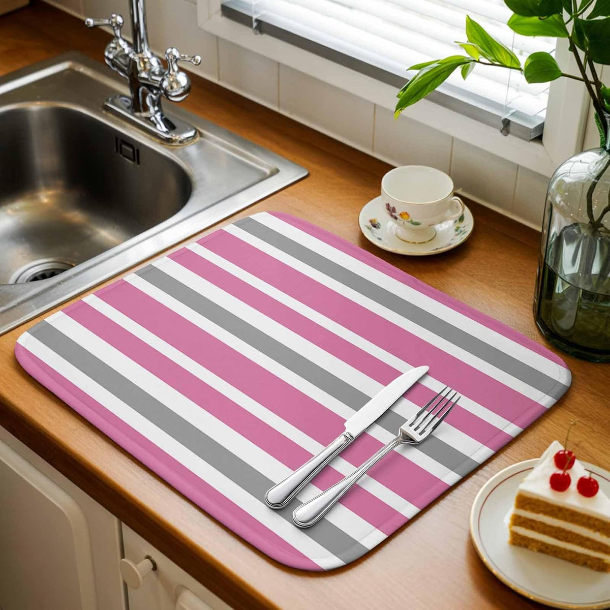 Dish Drying Mat Pink Grey and White Stripes Kitchen Counter Drying Pad for Dishes Glasses Cups and Cookware Farmhouse Stripe Absorbent Dish Drying Mat Machine Washable Kitchen Accessories 16" x 18"