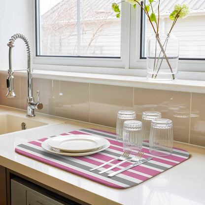 Dish Drying Mat Pink Grey and White Stripes Kitchen Counter Drying Pad for Dishes Glasses Cups and Cookware Farmhouse Stripe Absorbent Dish Drying Mat Machine Washable Kitchen Accessories 16" x 18"