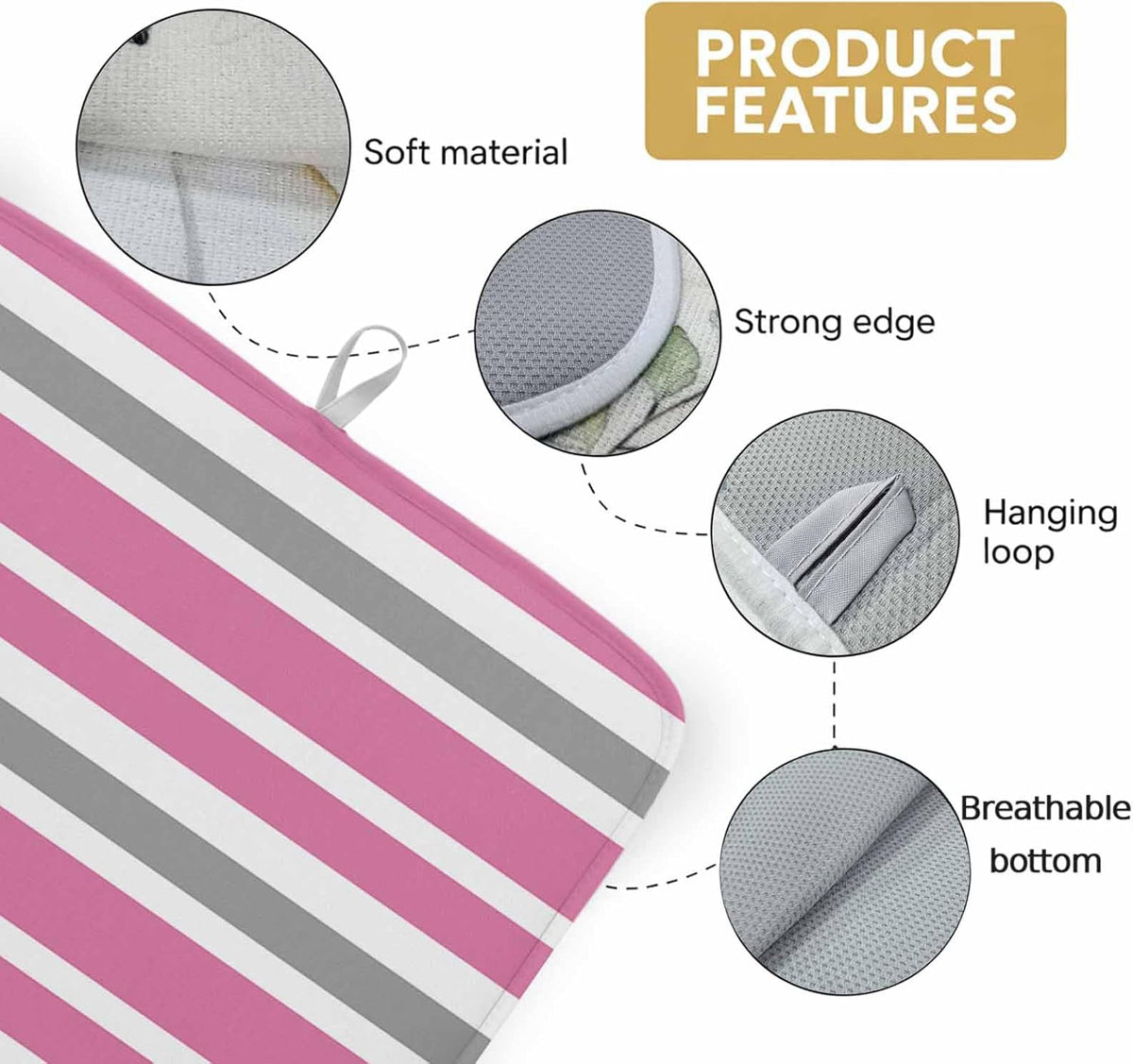 Dish Drying Mat Pink Grey and White Stripes Kitchen Counter Drying Pad for Dishes Glasses Cups and Cookware Farmhouse Stripe Absorbent Dish Drying Mat Machine Washable Kitchen Accessories 16" x 18"