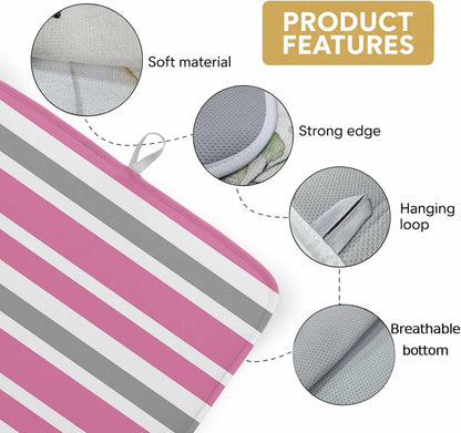 Dish Drying Mat Pink Grey and White Stripes Kitchen Counter Drying Pad for Dishes Glasses Cups and Cookware Farmhouse Stripe Absorbent Dish Drying Mat Machine Washable Kitchen Accessories 16" x 18"