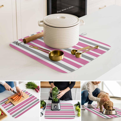 Dish Drying Mat Pink Grey and White Stripes Kitchen Counter Drying Pad for Dishes Glasses Cups and Cookware Farmhouse Stripe Absorbent Dish Drying Mat Machine Washable Kitchen Accessories 16" x 18"