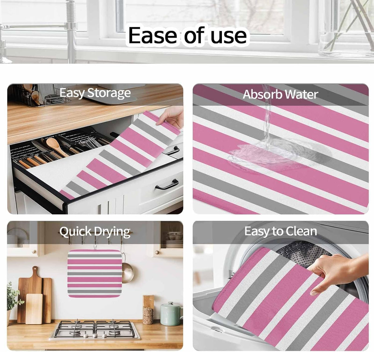Dish Drying Mat Pink Grey and White Stripes Kitchen Counter Drying Pad for Dishes Glasses Cups and Cookware Farmhouse Stripe Absorbent Dish Drying Mat Machine Washable Kitchen Accessories 16" x 18"