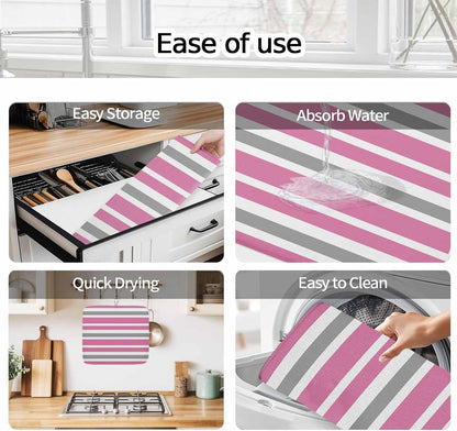 Dish Drying Mat Pink Grey and White Stripes Kitchen Counter Drying Pad for Dishes Glasses Cups and Cookware Farmhouse Stripe Absorbent Dish Drying Mat Machine Washable Kitchen Accessories 16" x 18"
