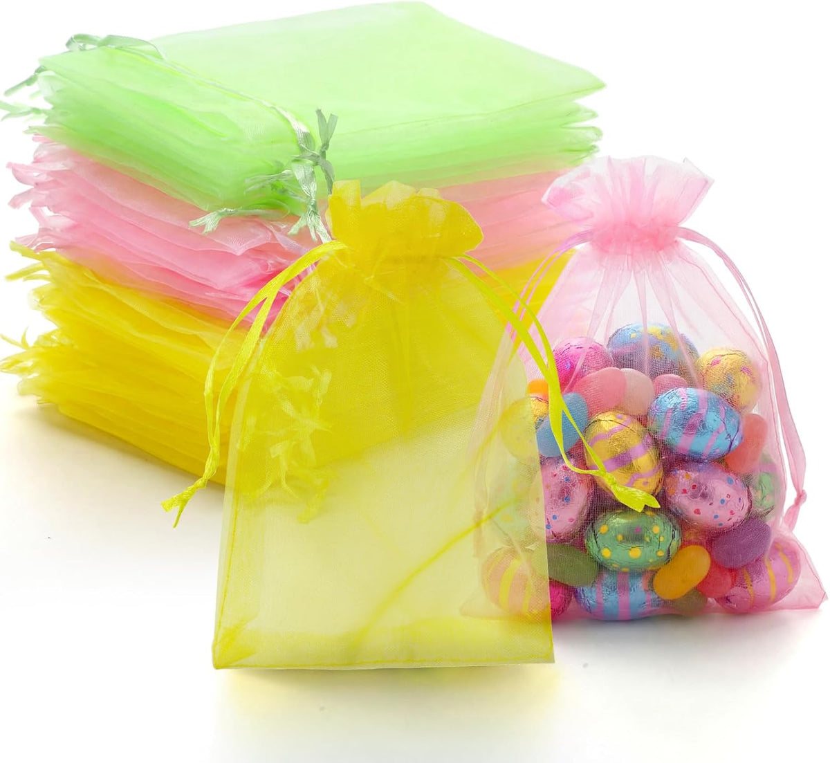 100 Pcs Pastel Drawstring Organza Bags 4x6 Inch Yellow Pink Green Mesh Bags