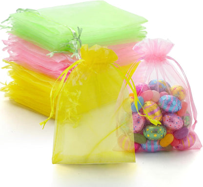 100 Pcs Pastel Drawstring Organza Bags 4x6 Inch Yellow Pink Green Mesh Bags