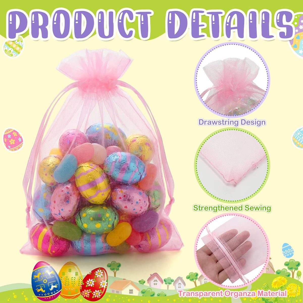 100 Pcs Pastel Drawstring Organza Bags 4x6 Inch Yellow Pink Green Mesh Bags