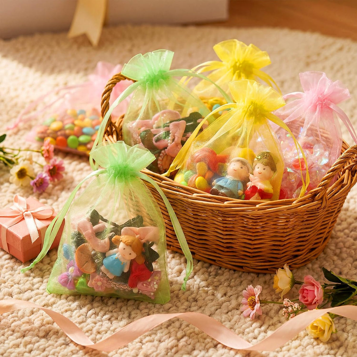 100 Pcs Pastel Drawstring Organza Bags 4x6 Inch Yellow Pink Green Mesh Bags