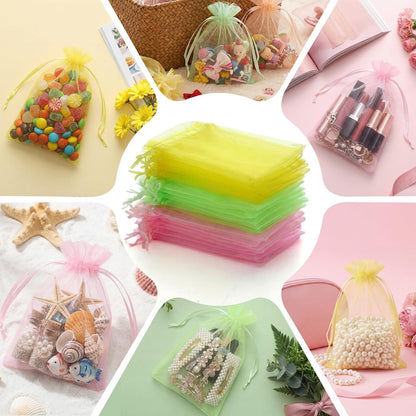 100 Pcs Pastel Drawstring Organza Bags 4x6 Inch Yellow Pink Green Mesh Bags