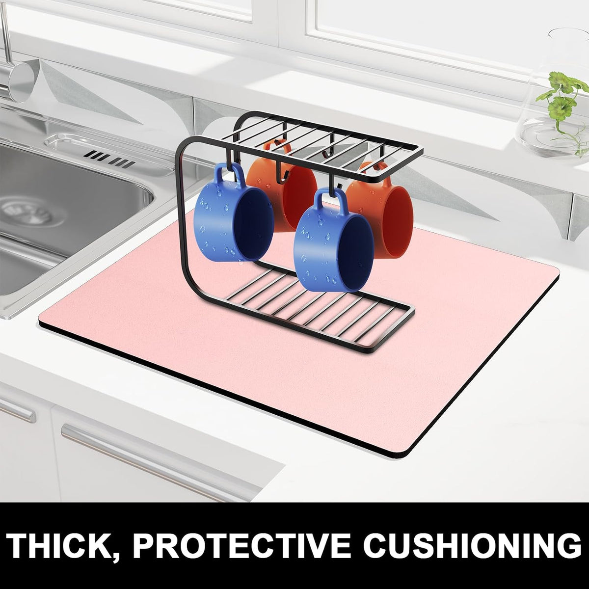 Dish Drying Mat for Kitchen Counter, 16 x 18" Cute Absorbent Heat Resistant Drying Pad with Non-slip Rubber, Coffee Bar Mats for Coffee Machine Dish Rack Kitchen Decor Accessories, Pink