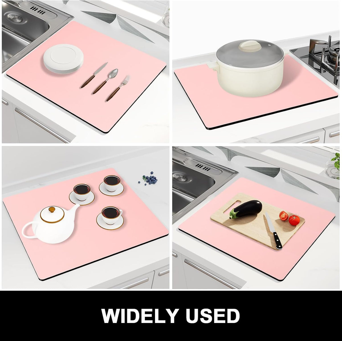 Dish Drying Mat for Kitchen Counter, 16 x 18" Cute Absorbent Heat Resistant Drying Pad with Non-slip Rubber, Coffee Bar Mats for Coffee Machine Dish Rack Kitchen Decor Accessories, Pink