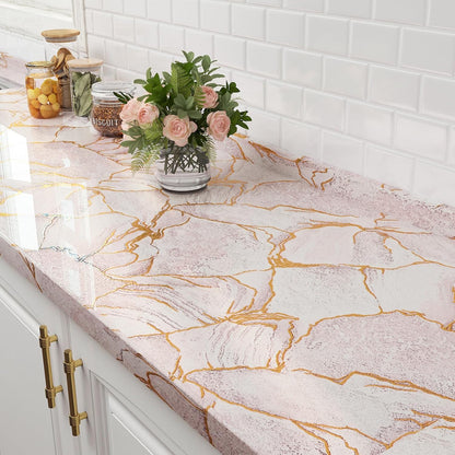 Gold Pink Marble Countertop Contact Paper Waterproof Marble Contact Paper for Countertops Cabinets Self Adhesive Marble Wallpaper Peel and Stick Countertops for Kitchen Bathroom Desk 16"x80"