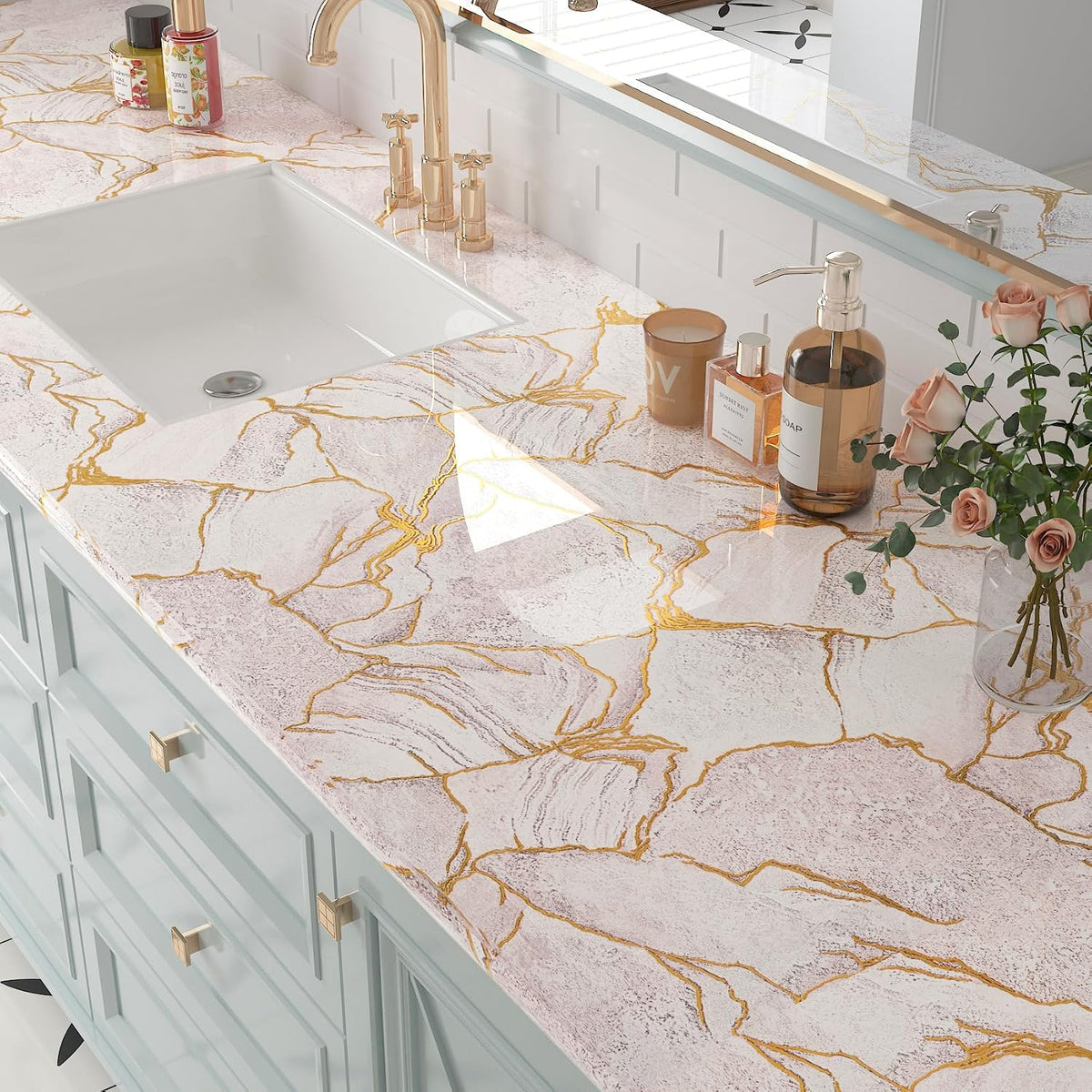 Gold Pink Marble Countertop Contact Paper Waterproof Marble Contact Paper for Countertops Cabinets Self Adhesive Marble Wallpaper Peel and Stick Countertops for Kitchen Bathroom Desk 16"x80"