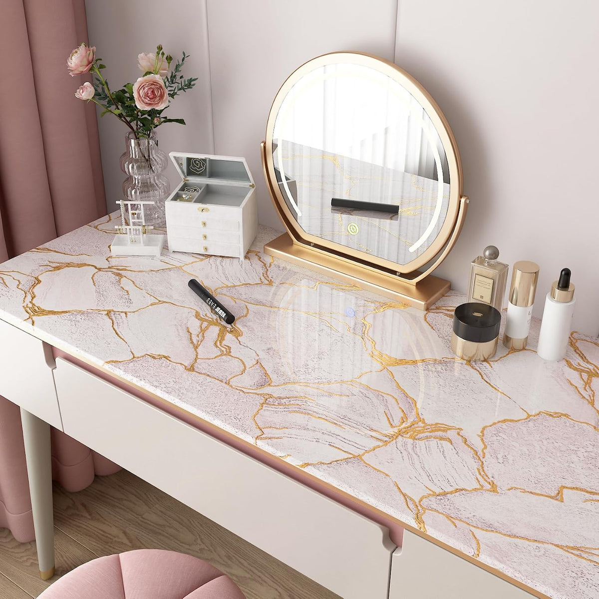 Gold Pink Marble Countertop Contact Paper Waterproof Marble Contact Paper for Countertops Cabinets Self Adhesive Marble Wallpaper Peel and Stick Countertops for Kitchen Bathroom Desk 16"x80"