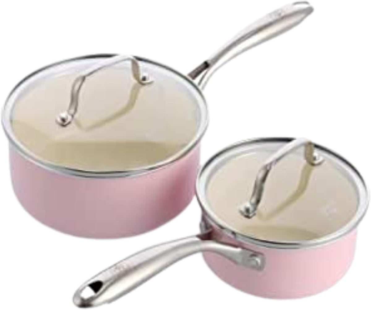Artisan Healthy Ceramic Nonstick, 1QT and 2QT Saucepan Pot Set with Lids, Stainless Steel Handle, Induction, PFAS-Free, Dishwasher Safe, Oven Safe, Pink