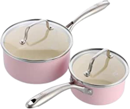 Artisan Healthy Ceramic Nonstick, 1QT and 2QT Saucepan Pot Set with Lids, Stainless Steel Handle, Induction, PFAS-Free, Dishwasher Safe, Oven Safe, Pink
