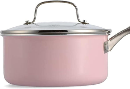 Artisan Healthy Ceramic Nonstick, 1QT and 2QT Saucepan Pot Set with Lids, Stainless Steel Handle, Induction, PFAS-Free, Dishwasher Safe, Oven Safe, Pink