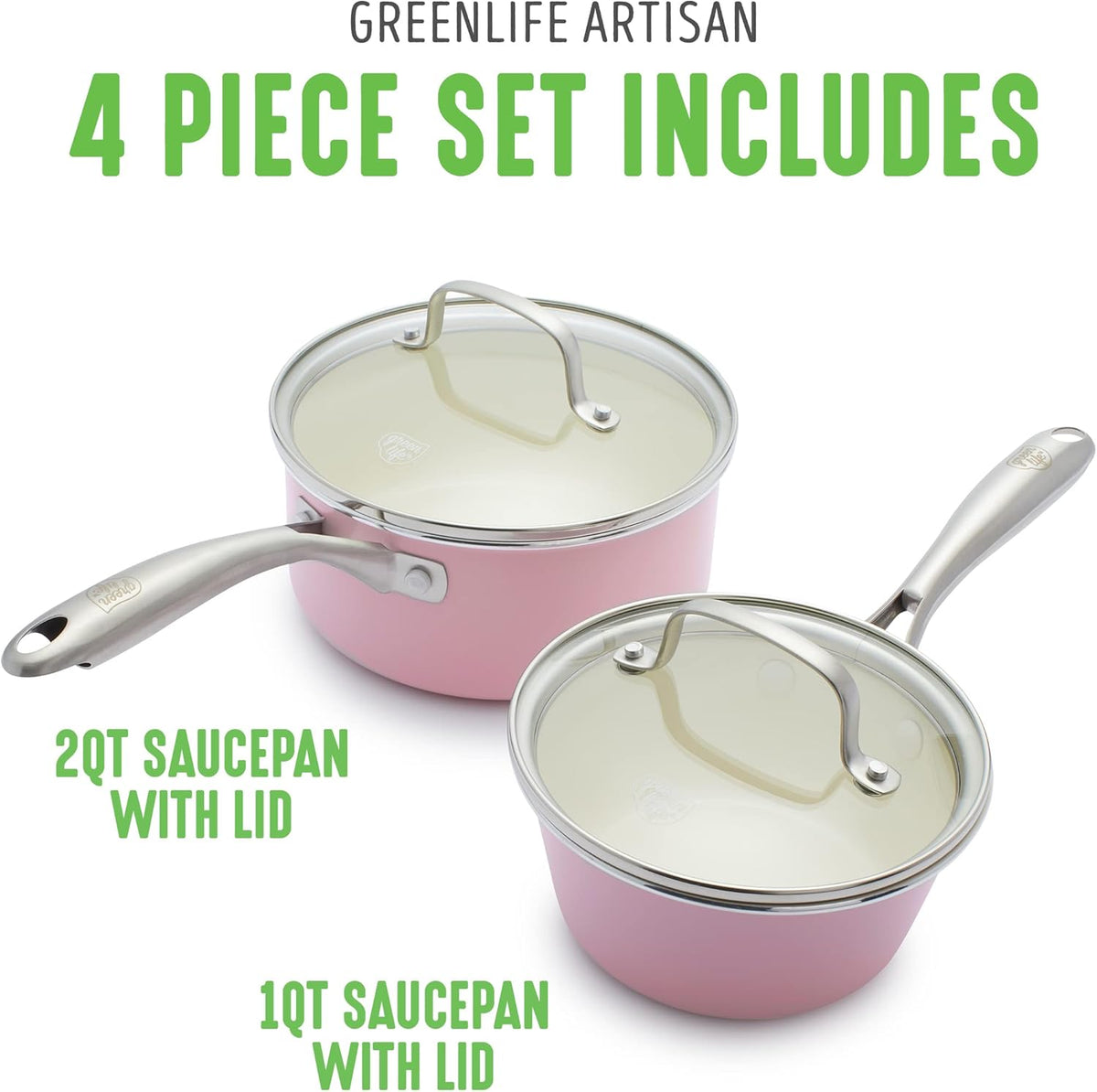 Artisan Healthy Ceramic Nonstick, 1QT and 2QT Saucepan Pot Set with Lids, Stainless Steel Handle, Induction, PFAS-Free, Dishwasher Safe, Oven Safe, Pink