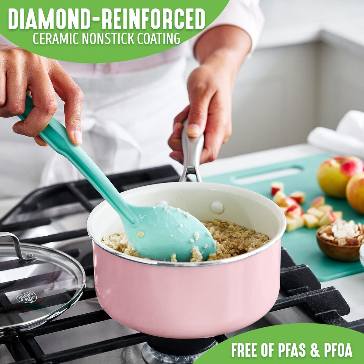 Artisan Healthy Ceramic Nonstick, 1QT and 2QT Saucepan Pot Set with Lids, Stainless Steel Handle, Induction, PFAS-Free, Dishwasher Safe, Oven Safe, Pink