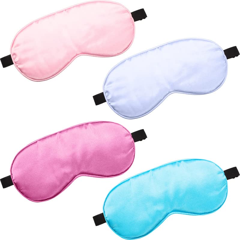 4 Pcs Silk Sleep Eye Masks Smooth Soft Satin Eye Covers with Adjustable Strap Blindfold for Sleeping Blocking Out Lights Travel Relaxation (Purple, Pink, Sky Blue, Taro Color)