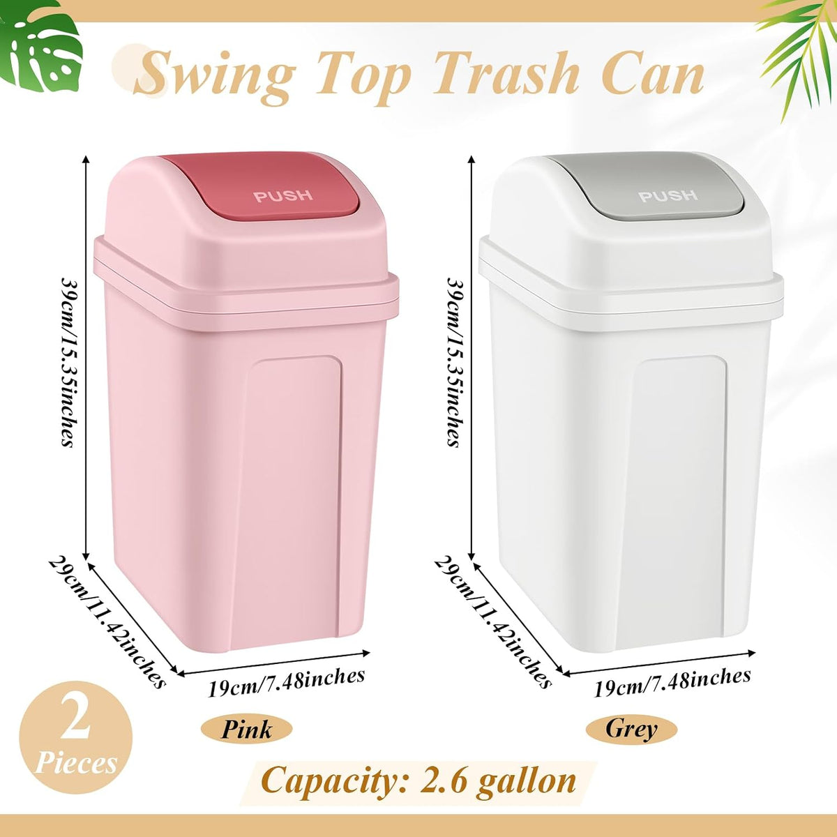 2 Pcs 2.6 Gallon Small Trash Can with Swing Lid, Pink and Beige