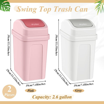 2 Pcs 2.6 Gallon Small Trash Can with Swing Lid, Pink and Beige