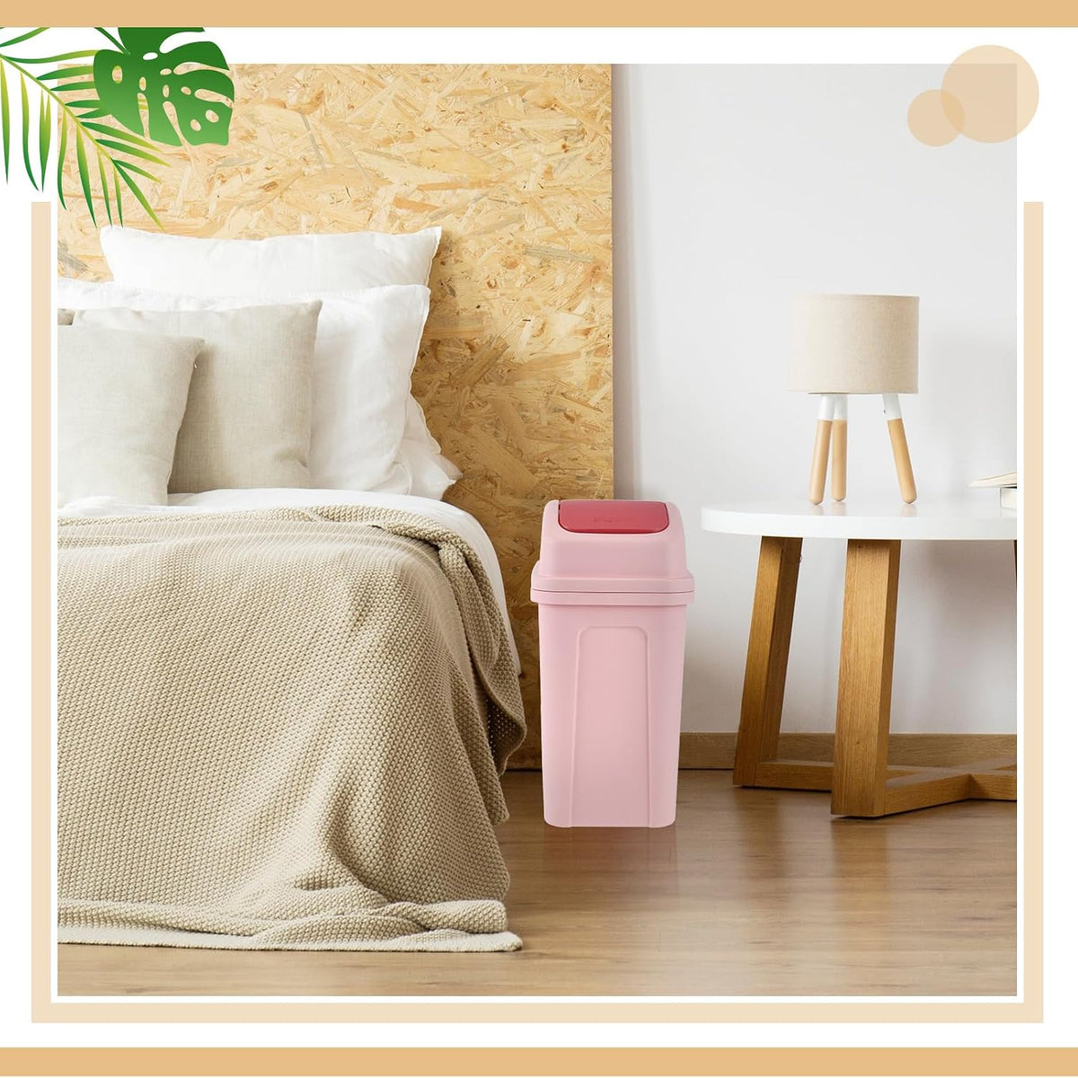 2 Pcs 2.6 Gallon Small Trash Can with Swing Lid, Pink and Beige